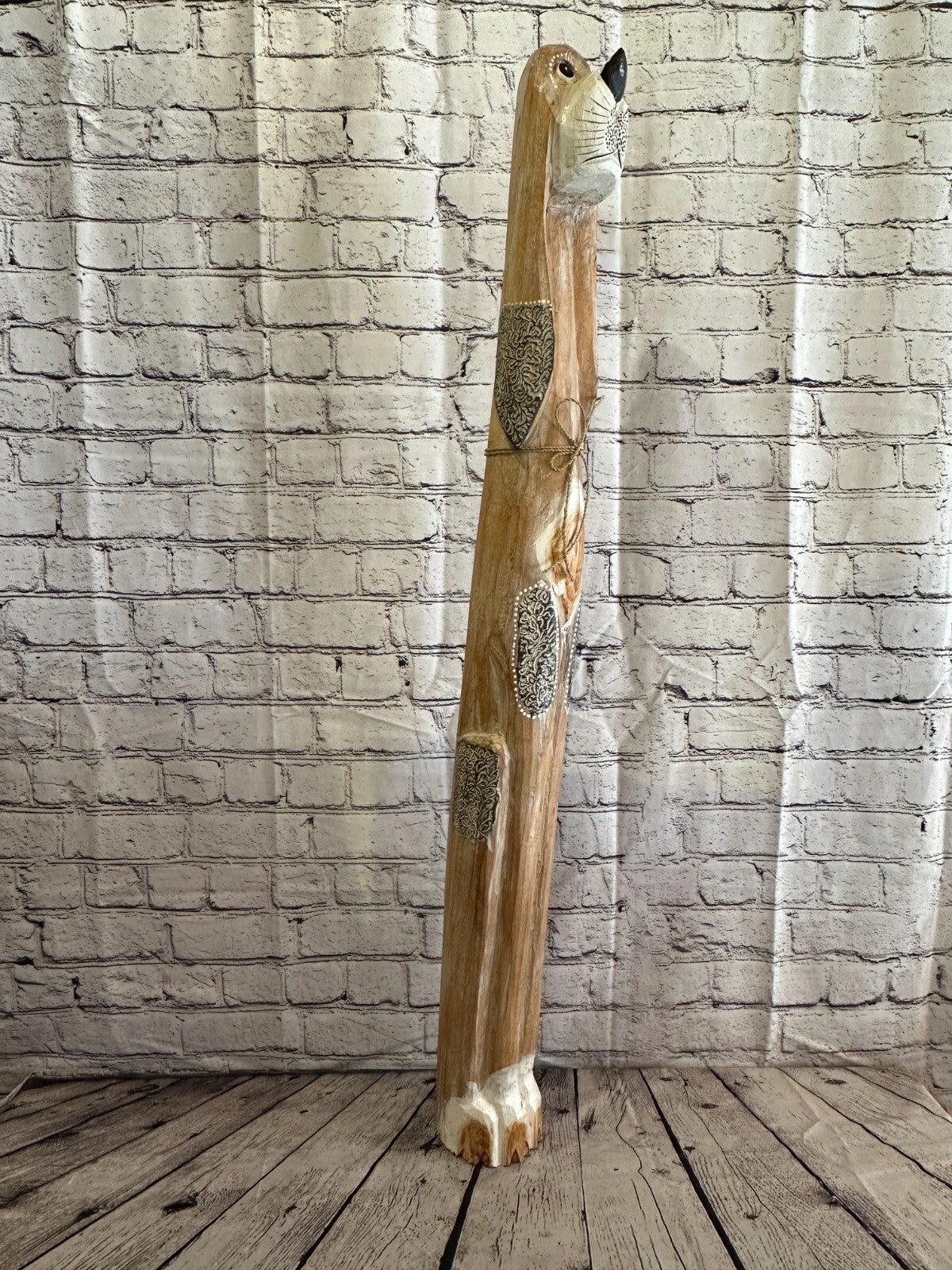100cm Light Brown Flower Wooden Shabby Dog Statue Ornament Fair Trade Handcarved