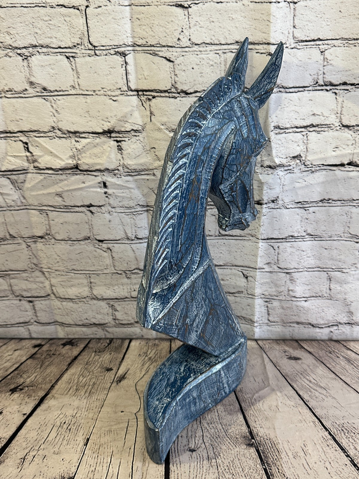 Blue Wooden 50cm x 25cm Horse Head Bust Hand Carved Wood Sculpture