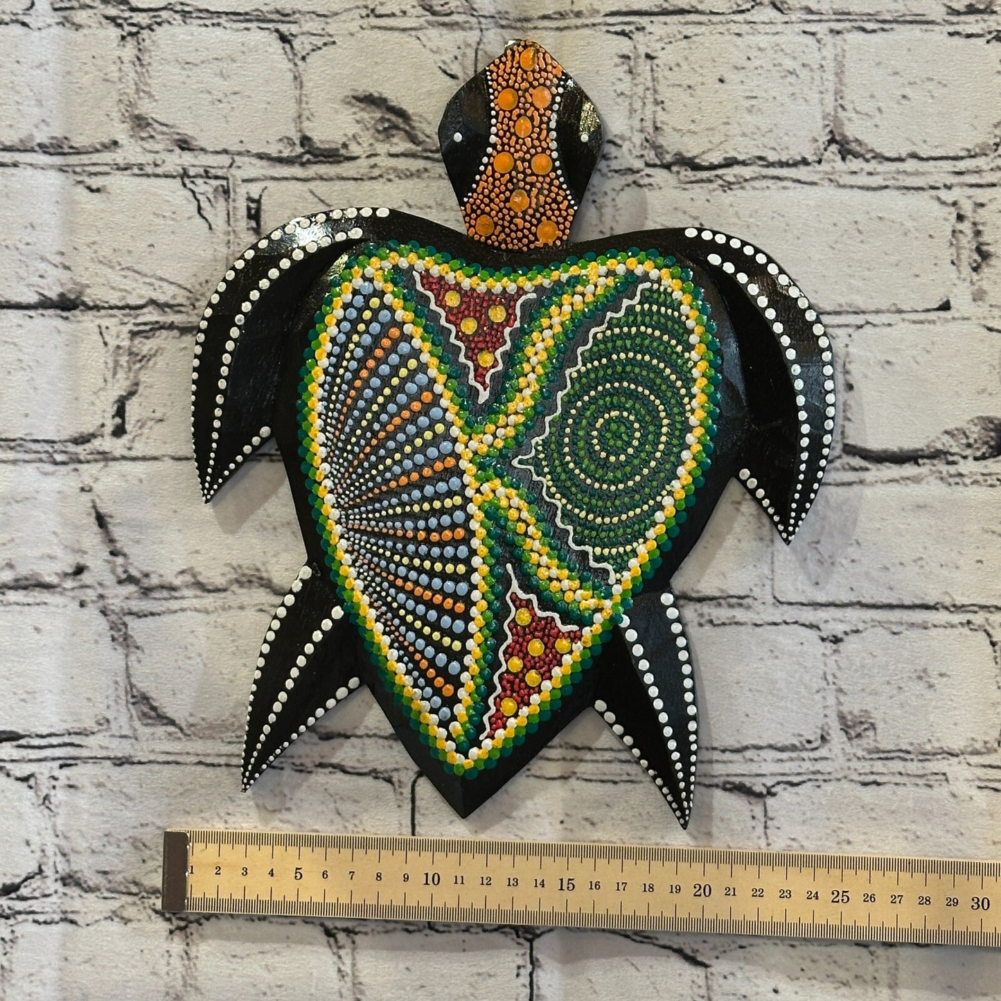 30cm Turtle Carved Wooden Dot Painted Ethnic Tribal Tiki Wall Art Handmade No 4