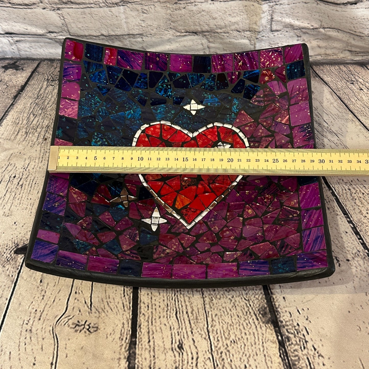 30cm Purple Red Heart Square Mosaic Handmade Ceramic Glass Tile Bowl Fruit