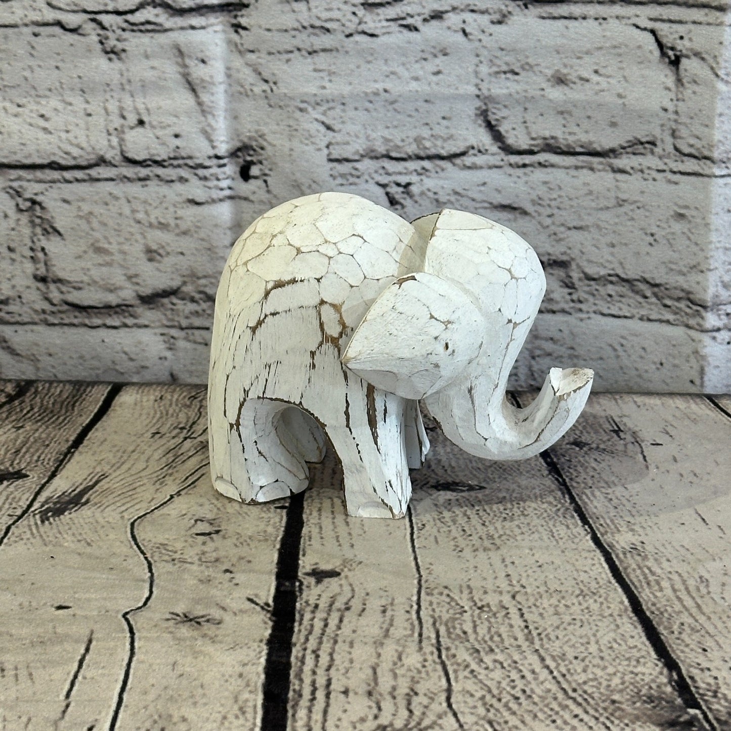 White Wooden Elephant With Shabby Pattern 10cm x 10cm Handmade and Fairtrade