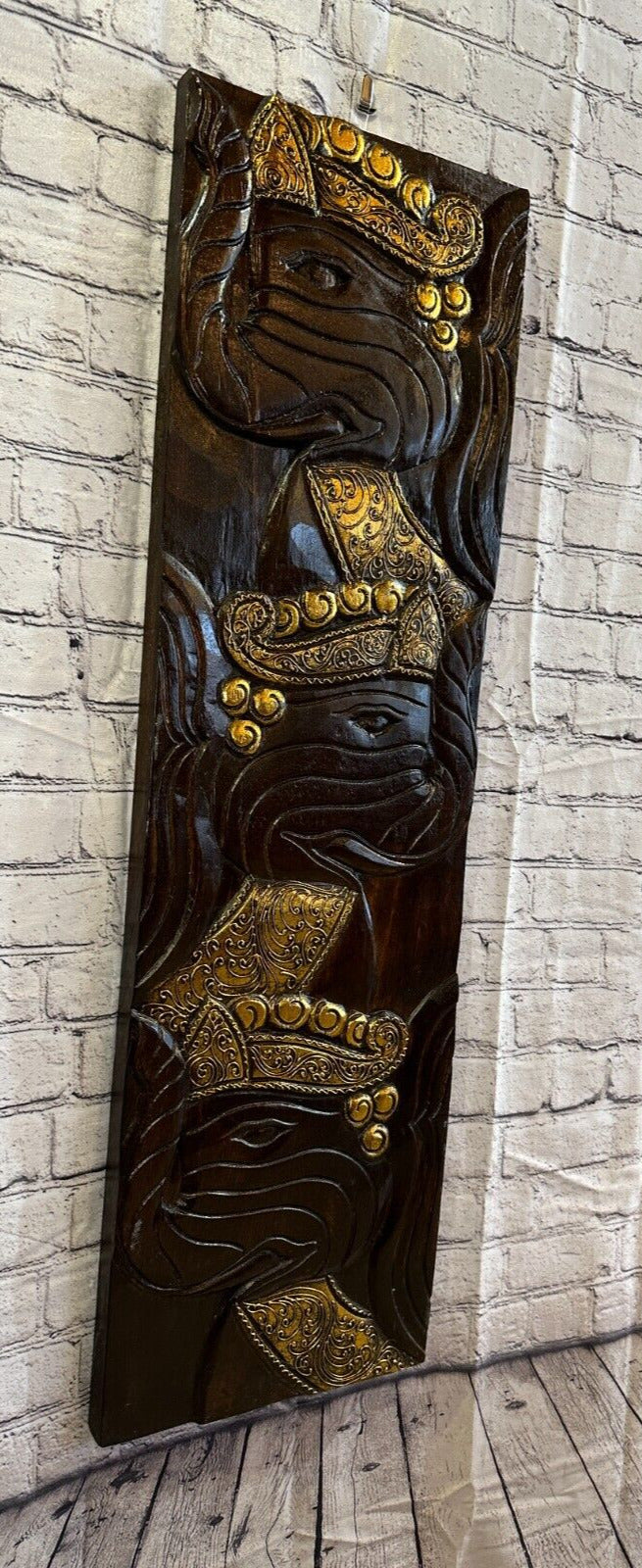 100cm x 30cm Elephants Brown Silver Wooden Wood Panel Wall Art Plaque Handcarved