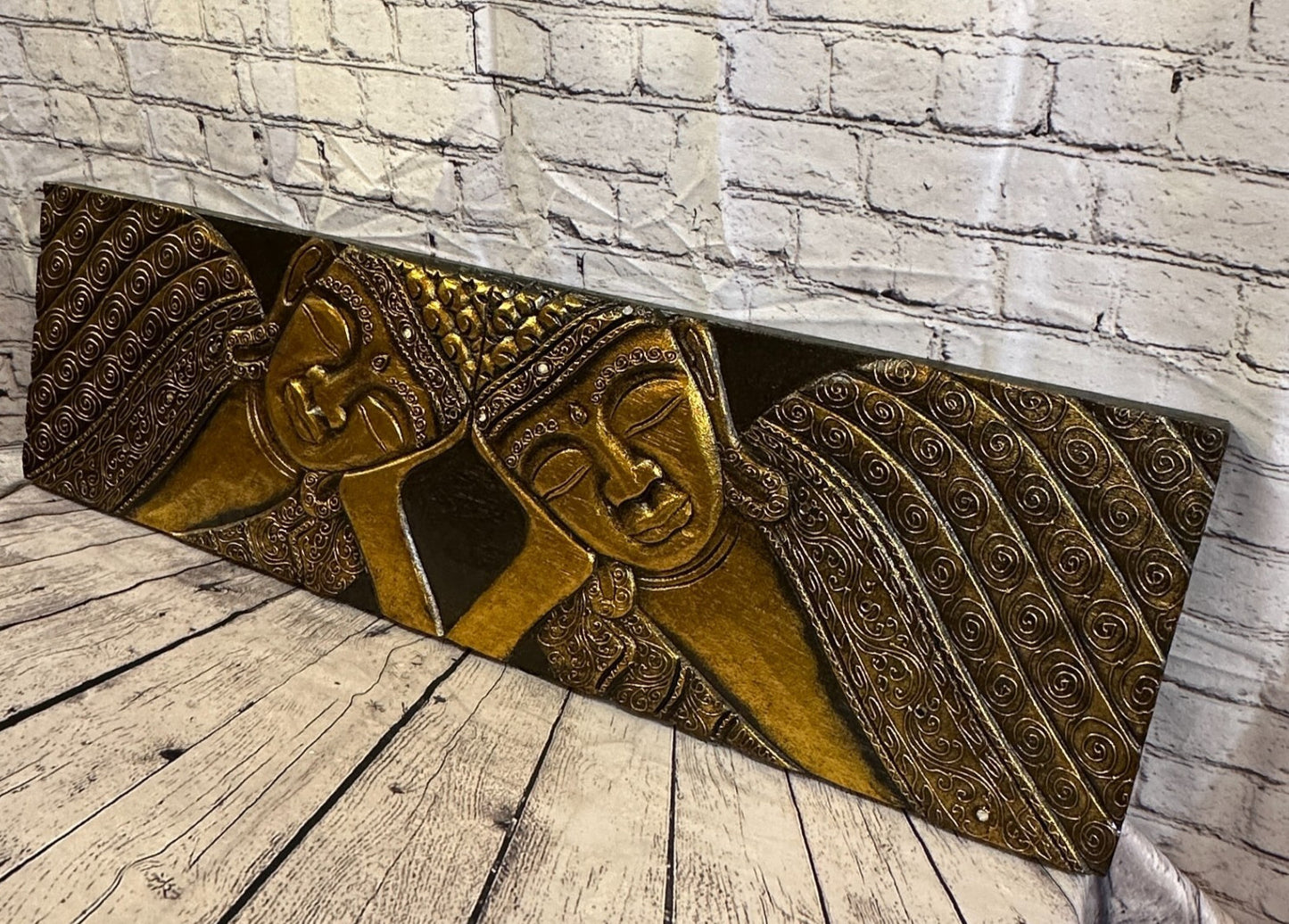 100cm x 30cm Buddha 2 Faces Gold Wooden Wood Panel Wall Art Plaque Handcarved