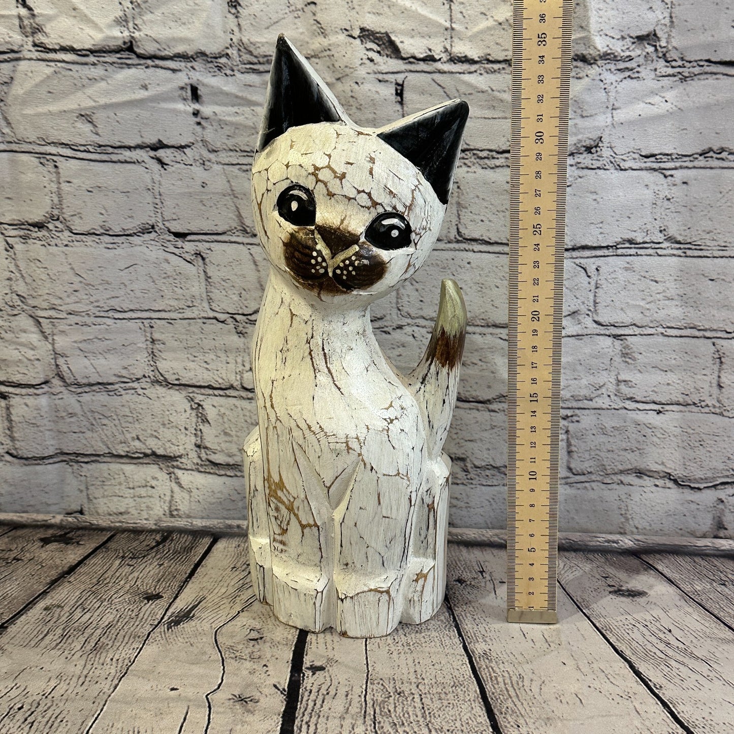 35cm x 15cm White Flower Wooden Shabby Cat Statue Ornament Fair Trade Handcarved