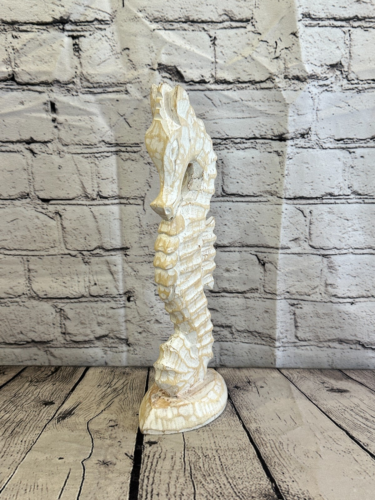 30cm White Plain Wooden Shabby Seahorse Statue Ornament Fair Trade Handcarved