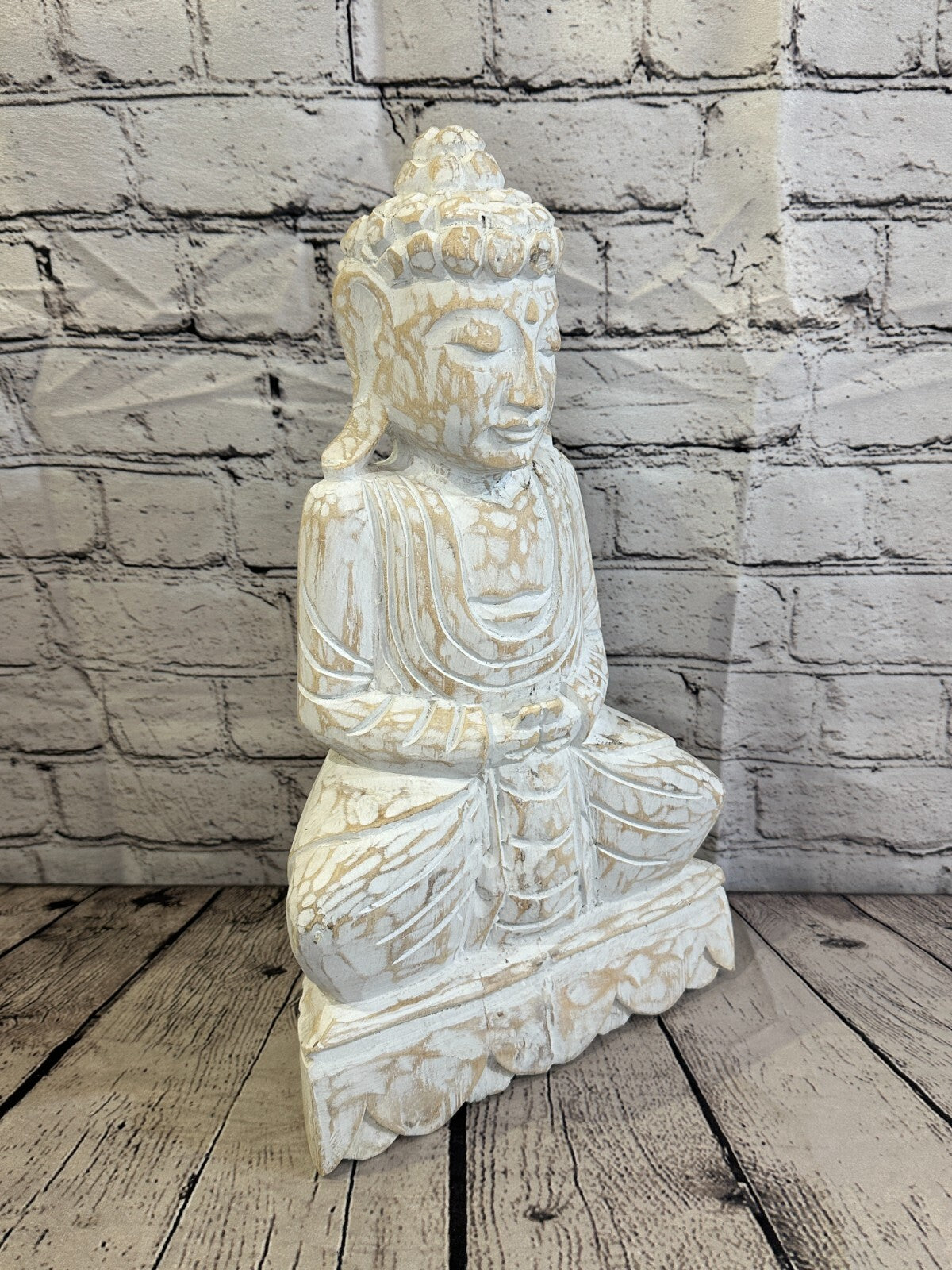 40cm x 20cm White Buddha Wooden Standing Statue Figurine Ornament Fair Trade