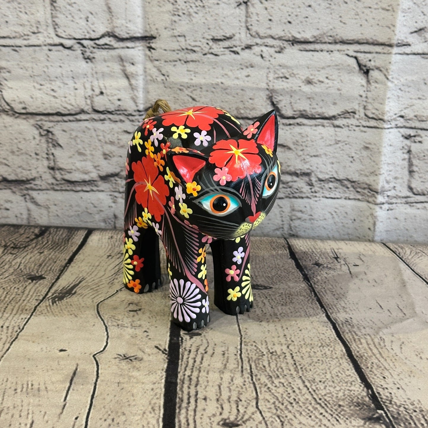 Black Large Wooden Cat With Flower Pattern 15cm x 10cm Handmade and Fairtrade
