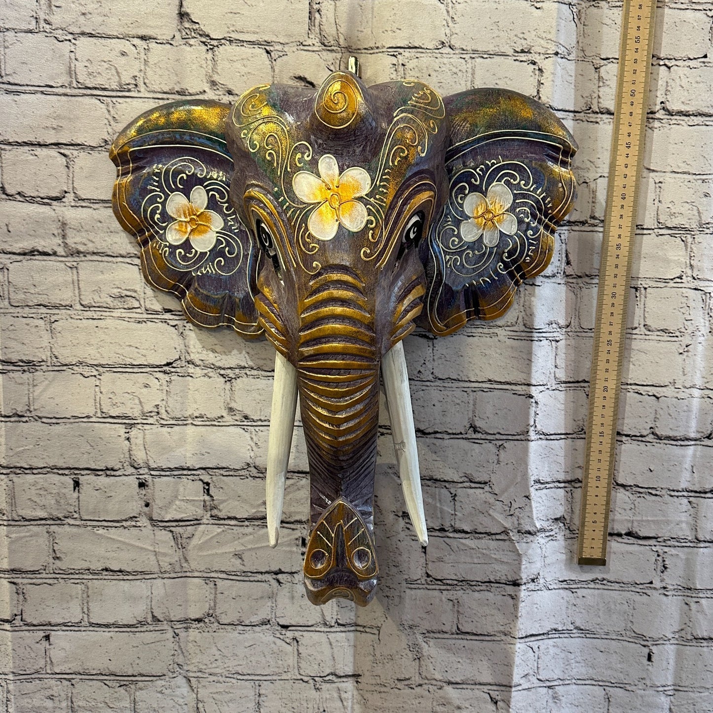 50cm x 45cm Purple Flower Painted Wood Elephant Head Wall Mounted Art Shabby