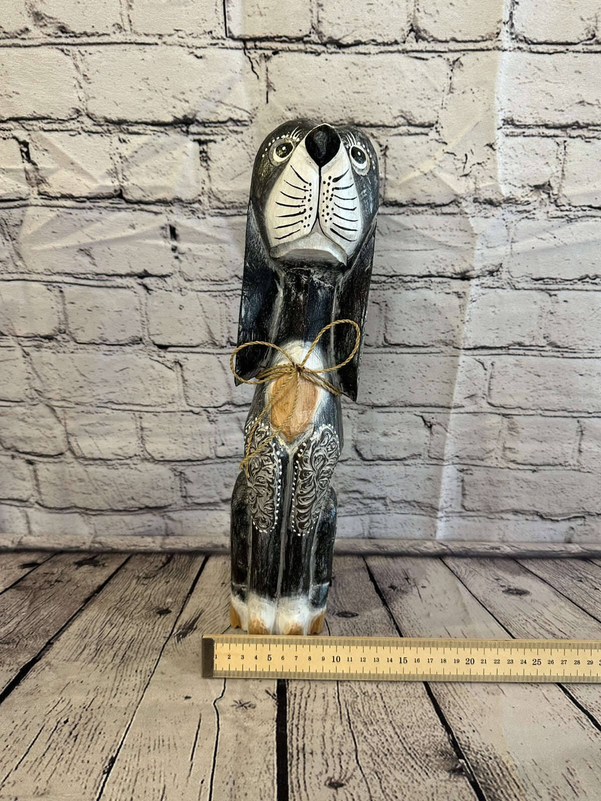 40cm Grey Flower Wooden Shabby Dog Statue Ornament Fair Trade Handcarved