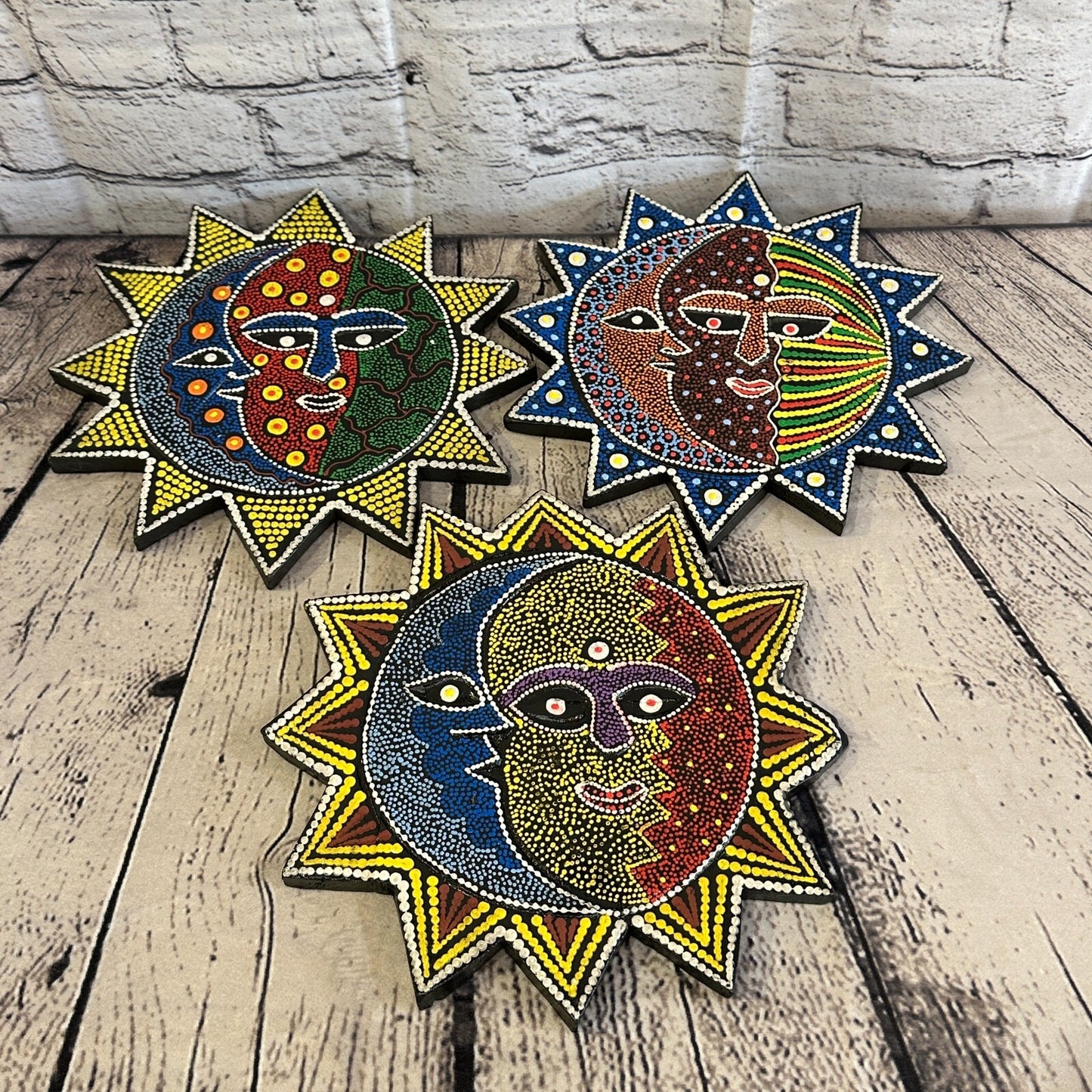 25cm Sun & Moon Carved Wooden Dot Painted Ethnic Tribal Tiki Wall Handmade No 2