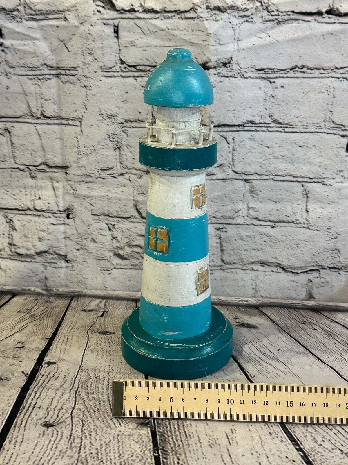 30cm Green White Wooden Lighthouse Ornament Nautical Coastal Sculpture Statue