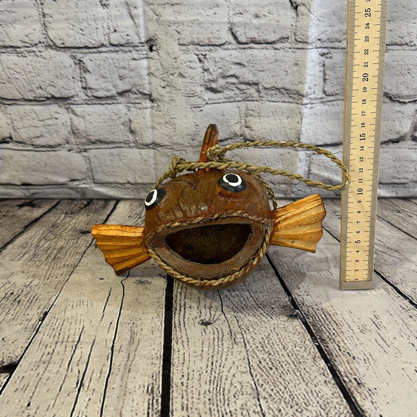 Plain Brown Folk Art Hand Painted Shark Fish Coconut Shell Ornaments Hanging