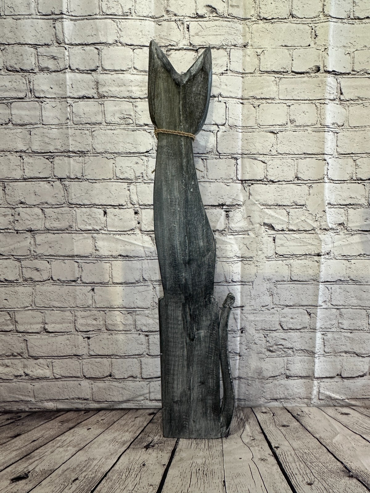 80cm Grey Swirl Flower Wooden Shabby Cat Statue Ornament Fair Trade Handcarved