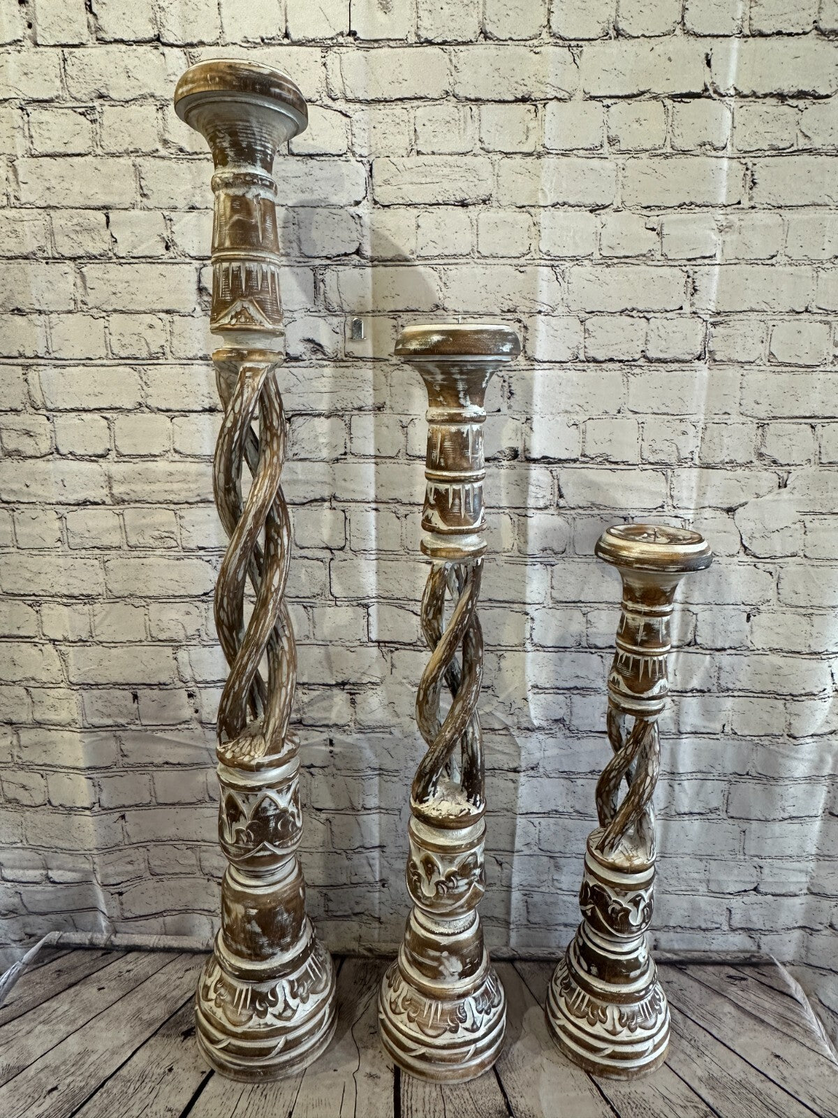 60cm Brown Tall Candlestick Shabby Chic Distressed Twist Column Candle Holder