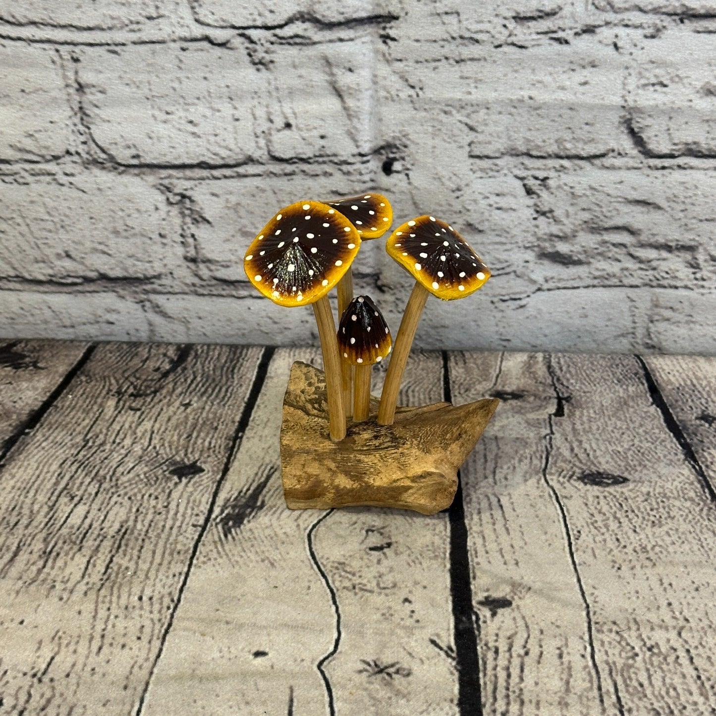Brown Yellow Painted Mushroom Parasite Ornament Natural Carving Fairtrade Wooden