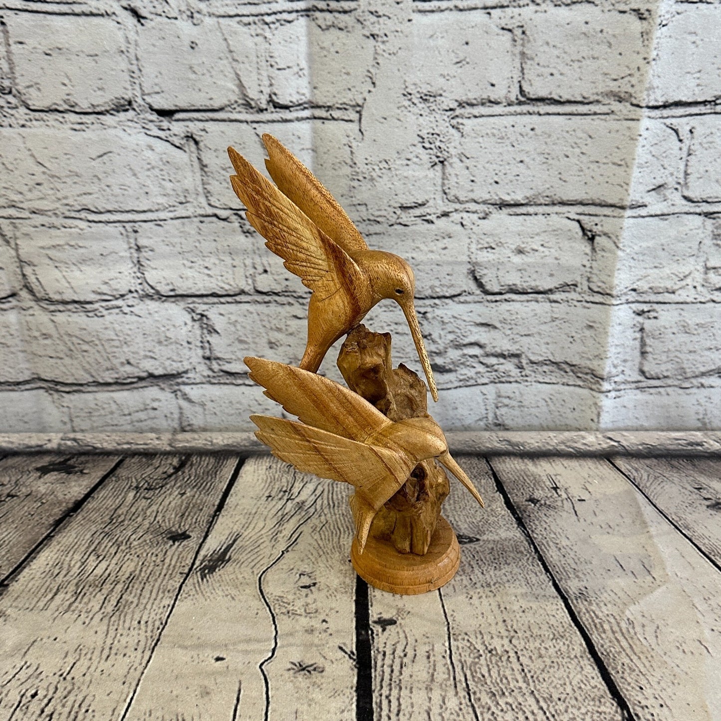 25cm Double Humming Bird Mushroom Parasite Ornament Natural Carving Wooden