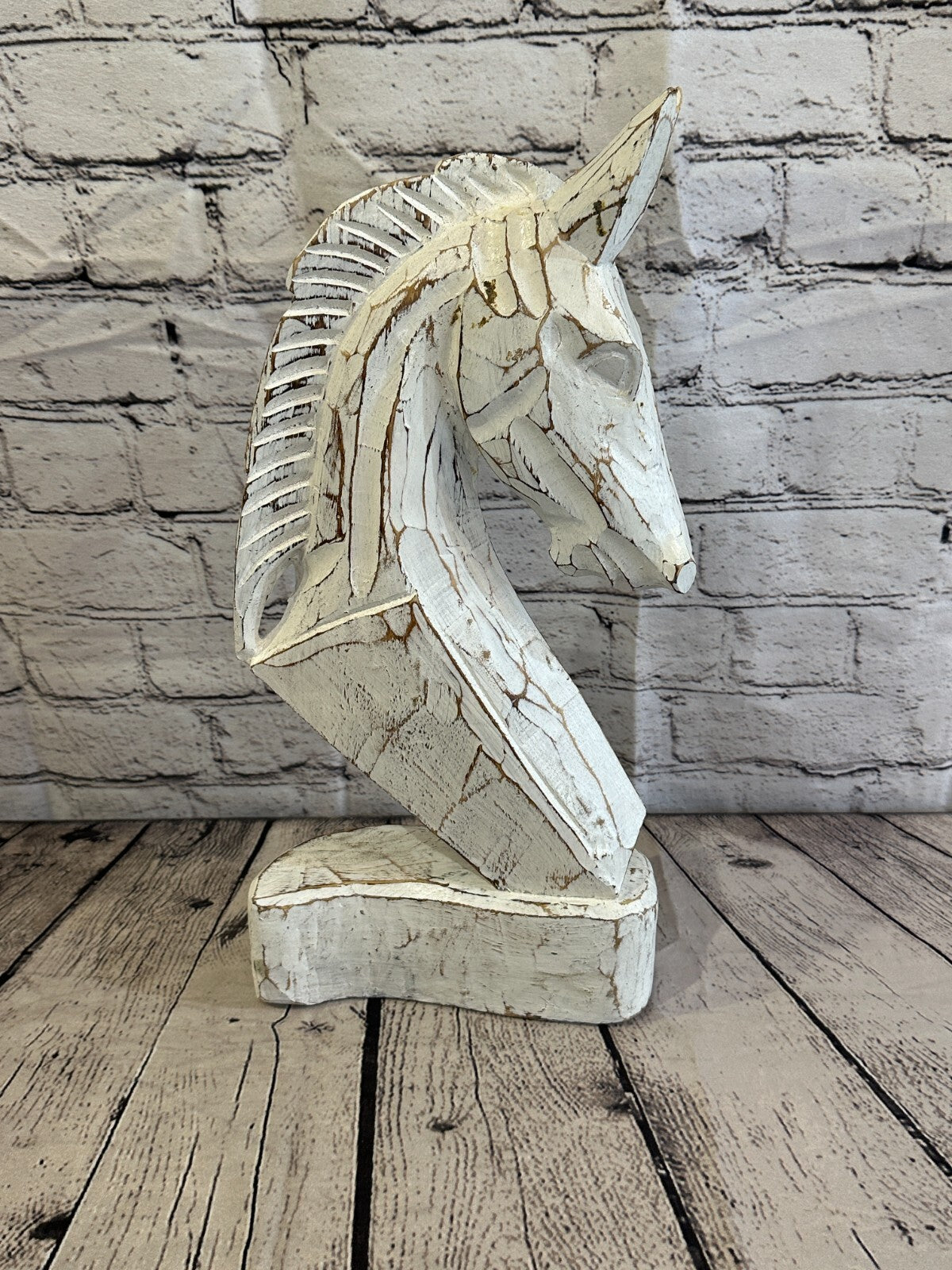 White Wooden 40cm x 20cm Horse Head Bust Hand Carved Wood Sculpture