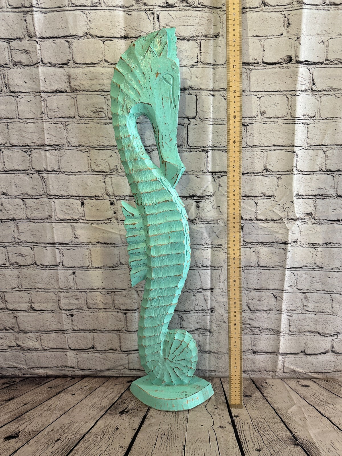 80cm Green Plain Wooden Shabby Seahorse Statue Ornament Fair Trade Handcarved
