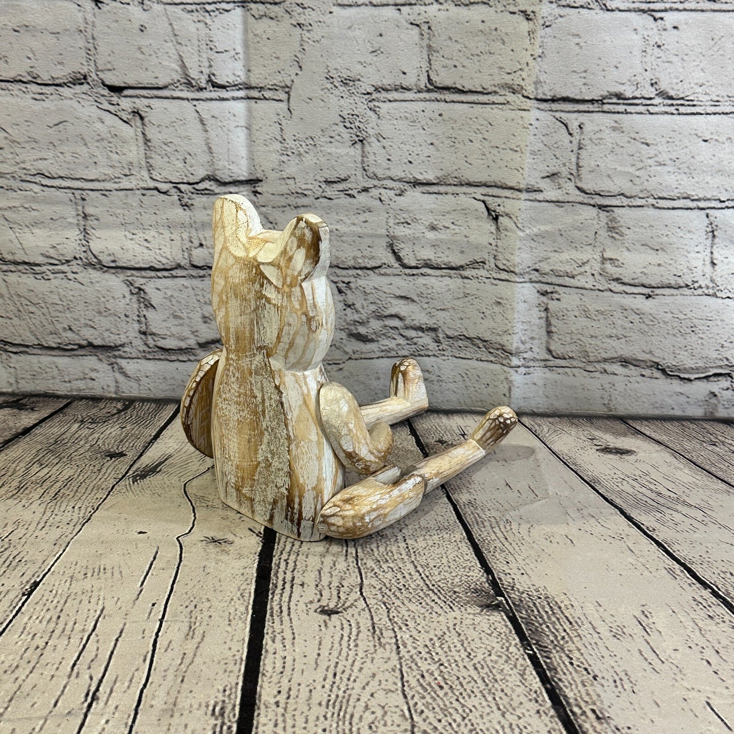 18cm Shabby White Teddy Sitting Animal Wooden Shelf Ornament Handmade Fairtrade