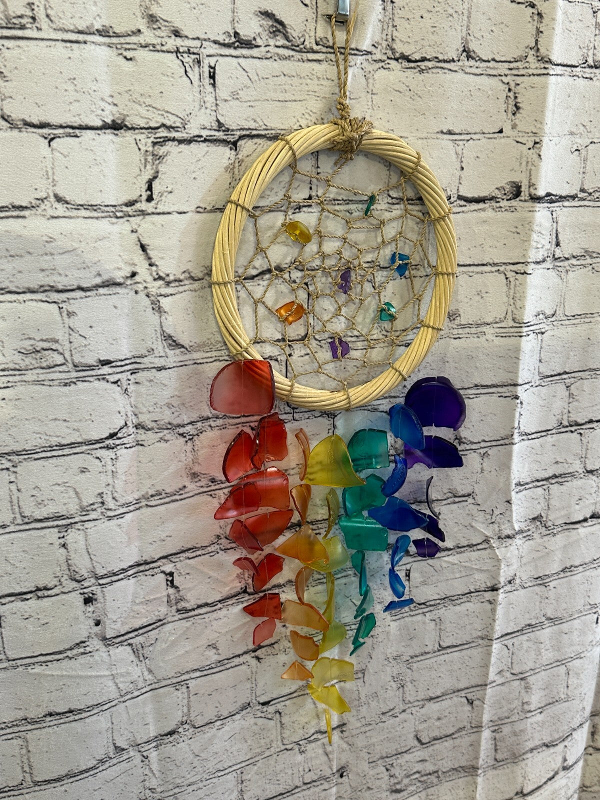 55cm Rainbow Dream Catcher Recycled Glass Driftwood Handmade Garden Home Mobile