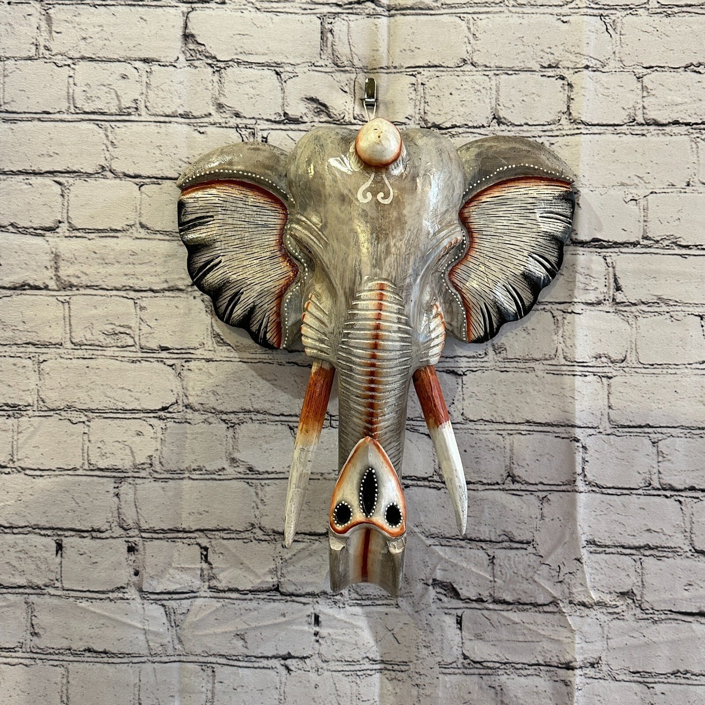 45cm x 35cm Grey Painted Wood Elephant Head Wall Mounted Art Large Shabby