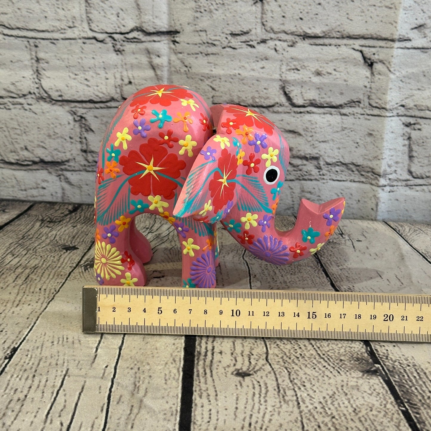 Pink Wooden Elephant With Flower Pattern 15cm x 18cm Handmade and Fairtrade