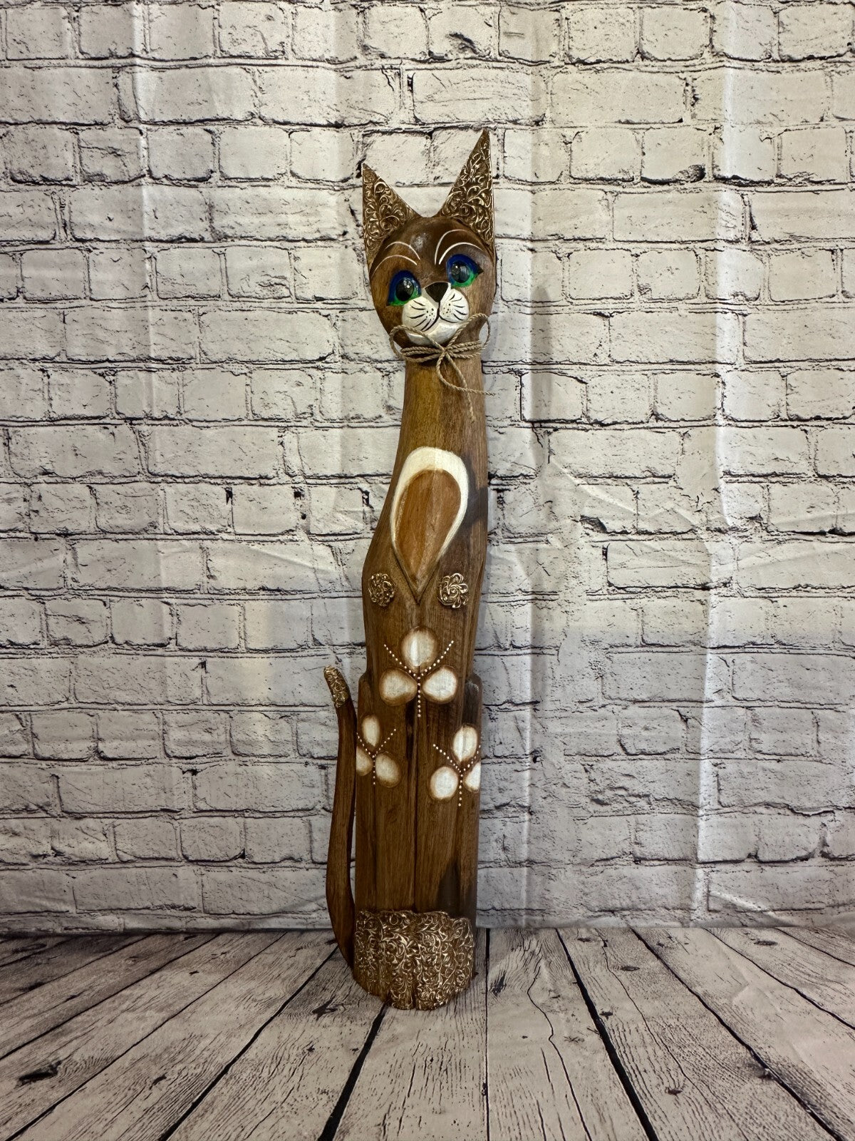 80cm Brown Swirl Flower Wooden Shabby Cat Statue Ornament Fair Trade Handcarved