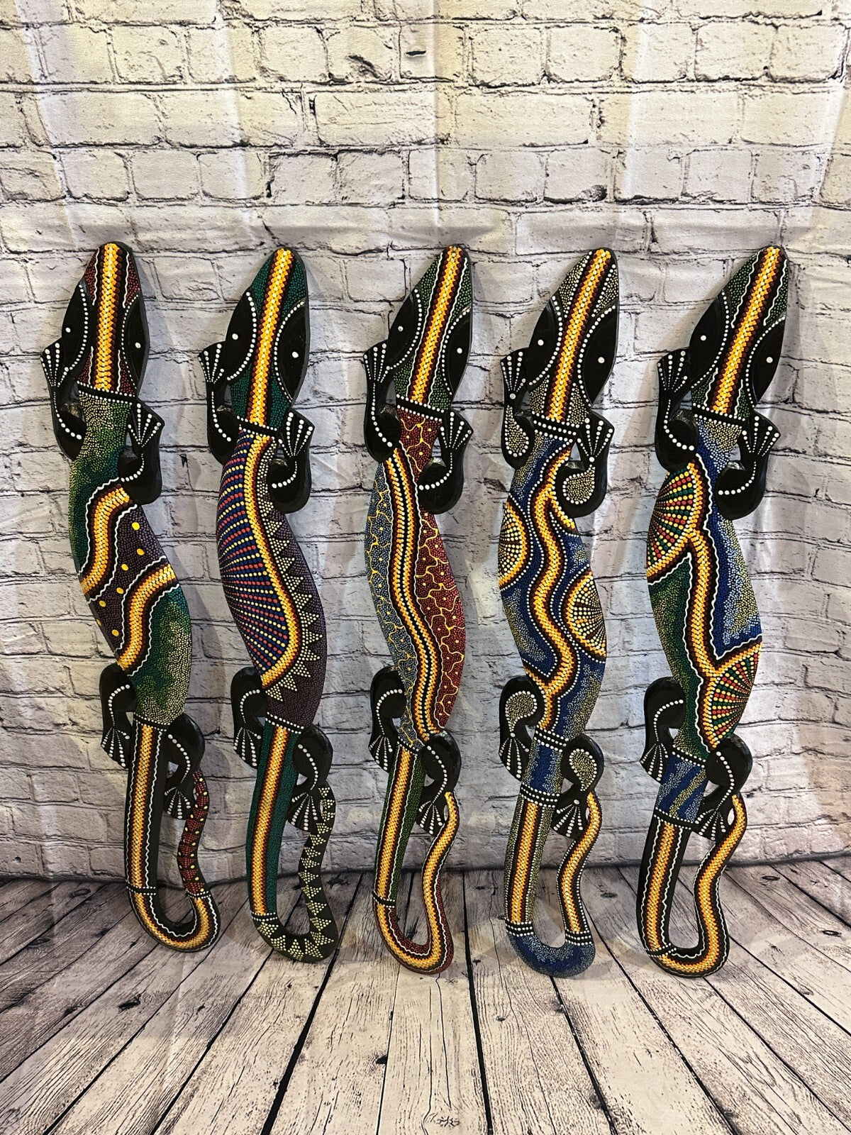 100cm Gecko Carved Wooden Dot Painted Ethnic Tribal Tiki Wall Handmade No 3