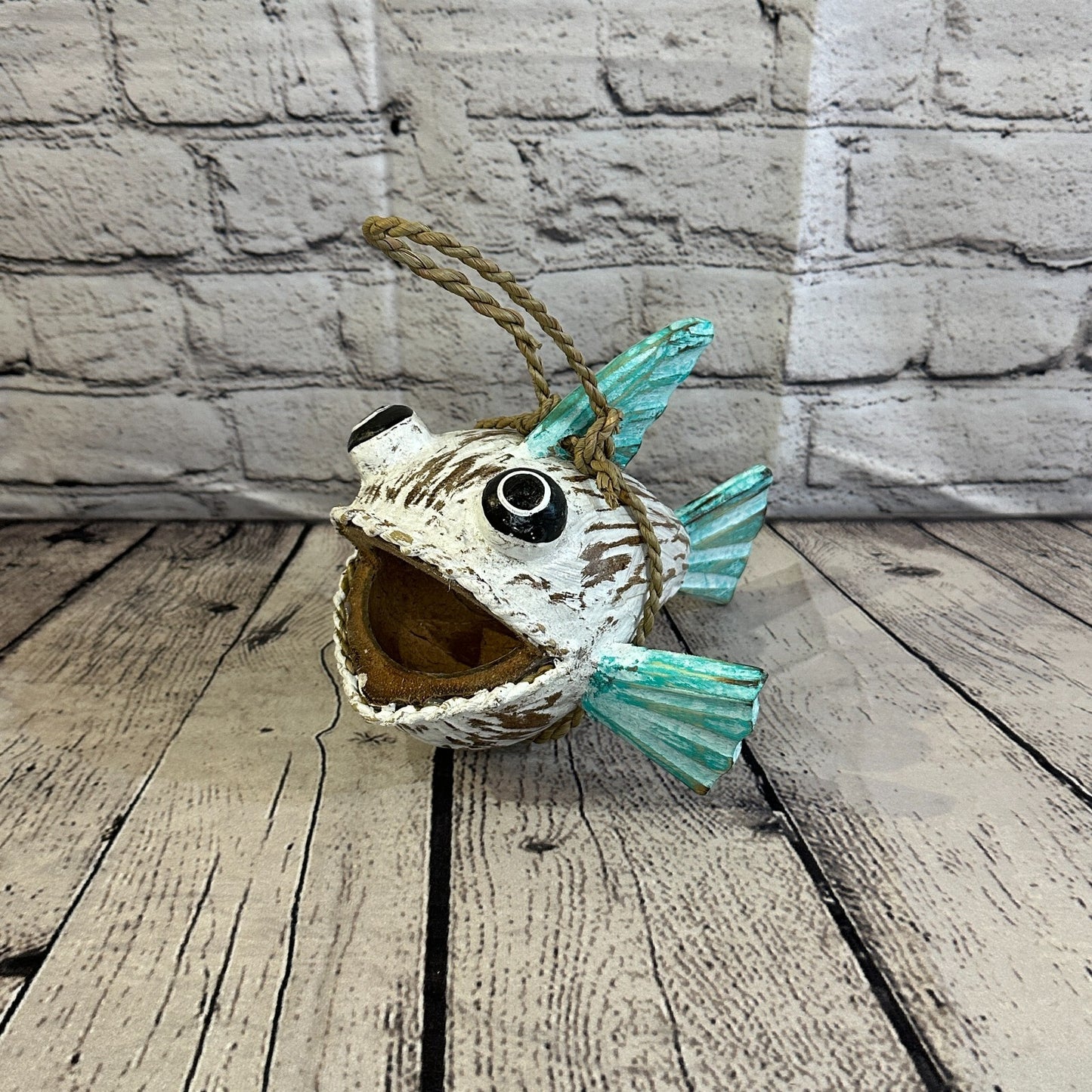 Green White Folk Art Hand Painted Shark Fish Coconut Shell Ornaments Hanging