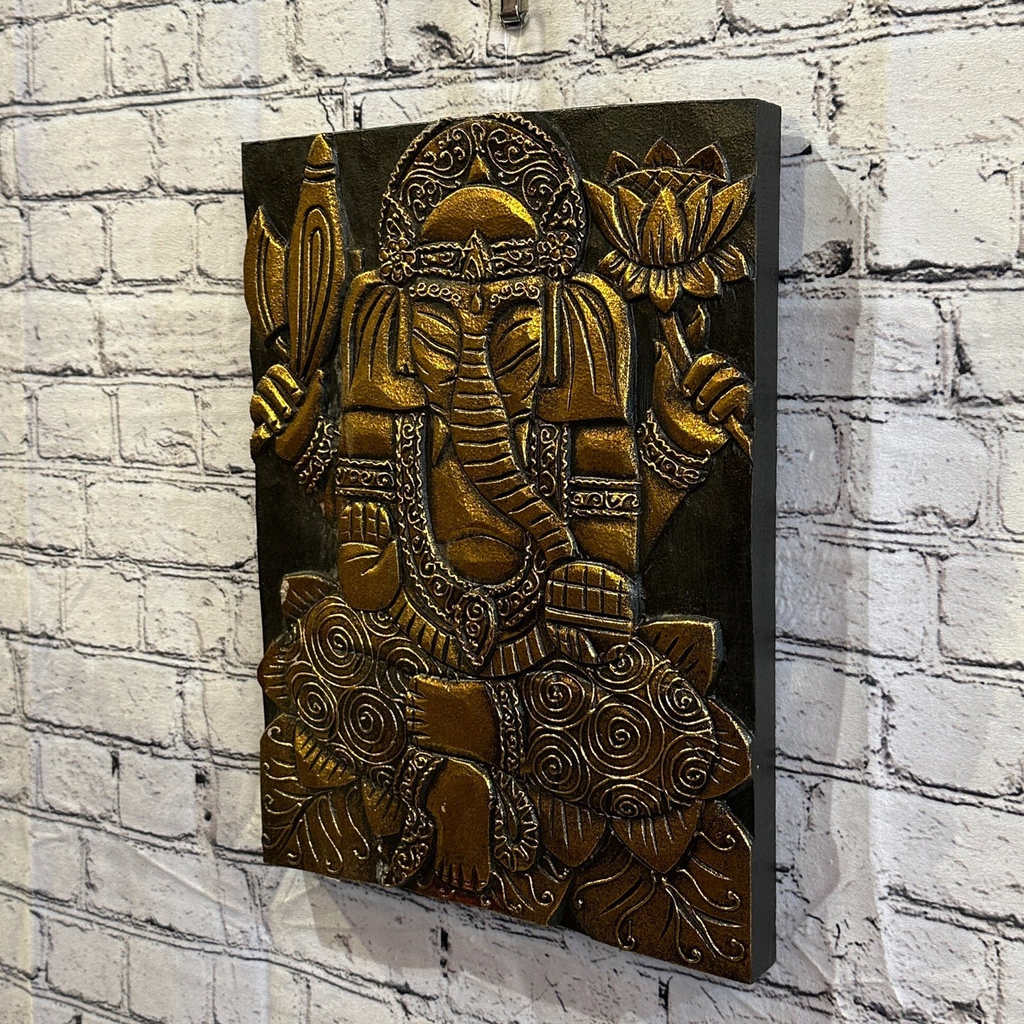 Wooden Wood Panel 40cm Brown Gold Ganesh Lotus Wall Art Plaque Handcarved