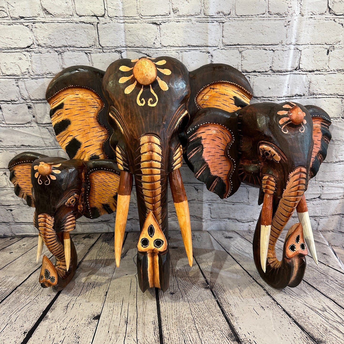 50cm x 45cm Brown Painted Wood Elephant Head Wall Mounted Art Large Shabby
