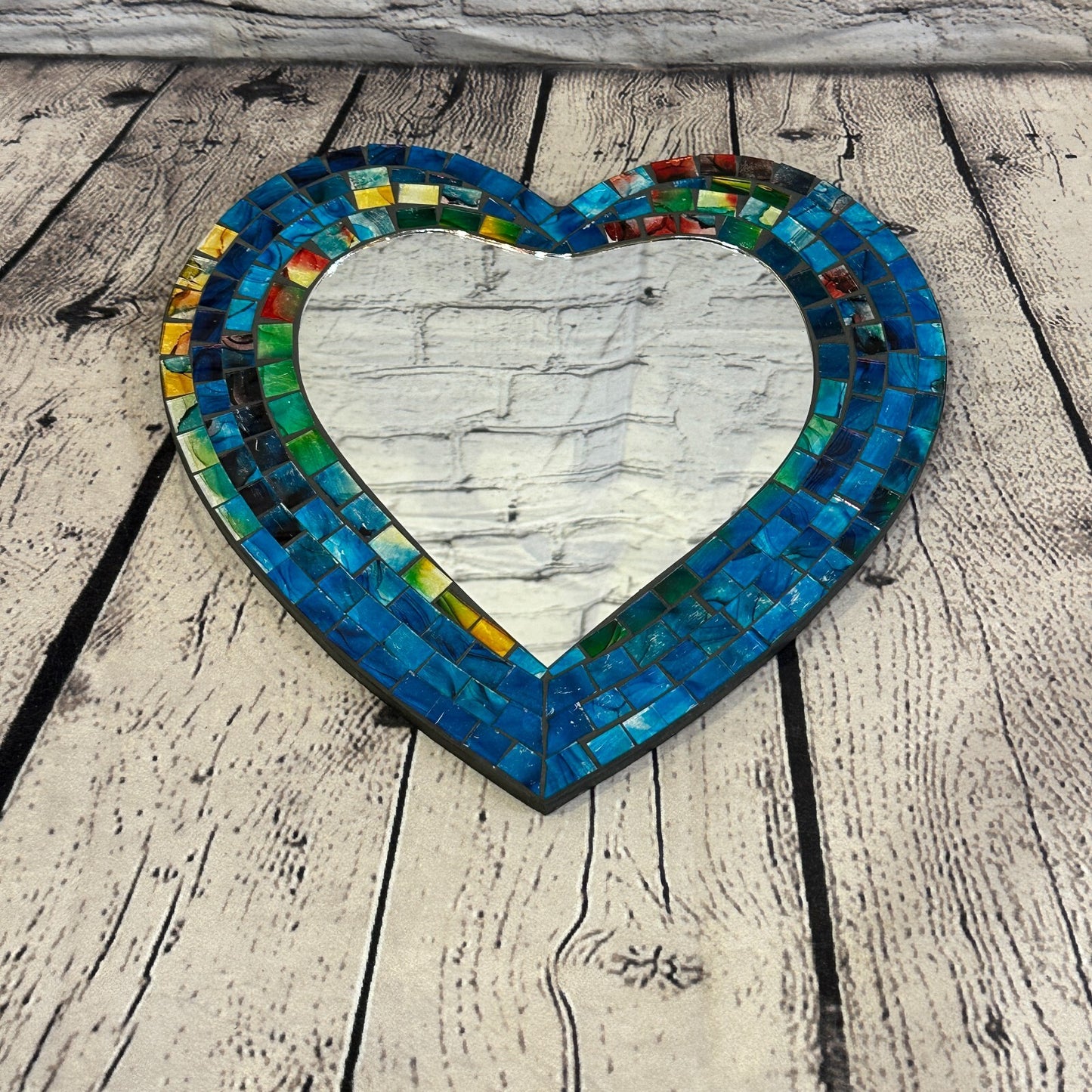 Blue Heart Shape Mosaic Tile Wall Mirror 28cm x 25cm 10 Inches Handmade New
