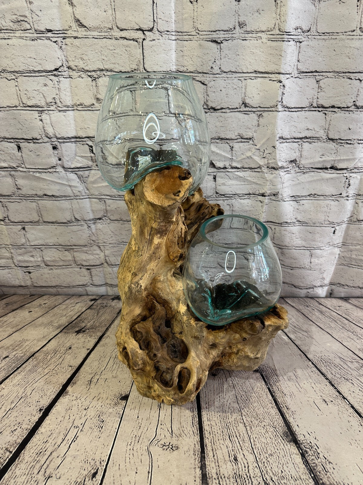 50cm Double Molten Glass Round Bowl Natural Root Wood Base Stand Decor Ornament
