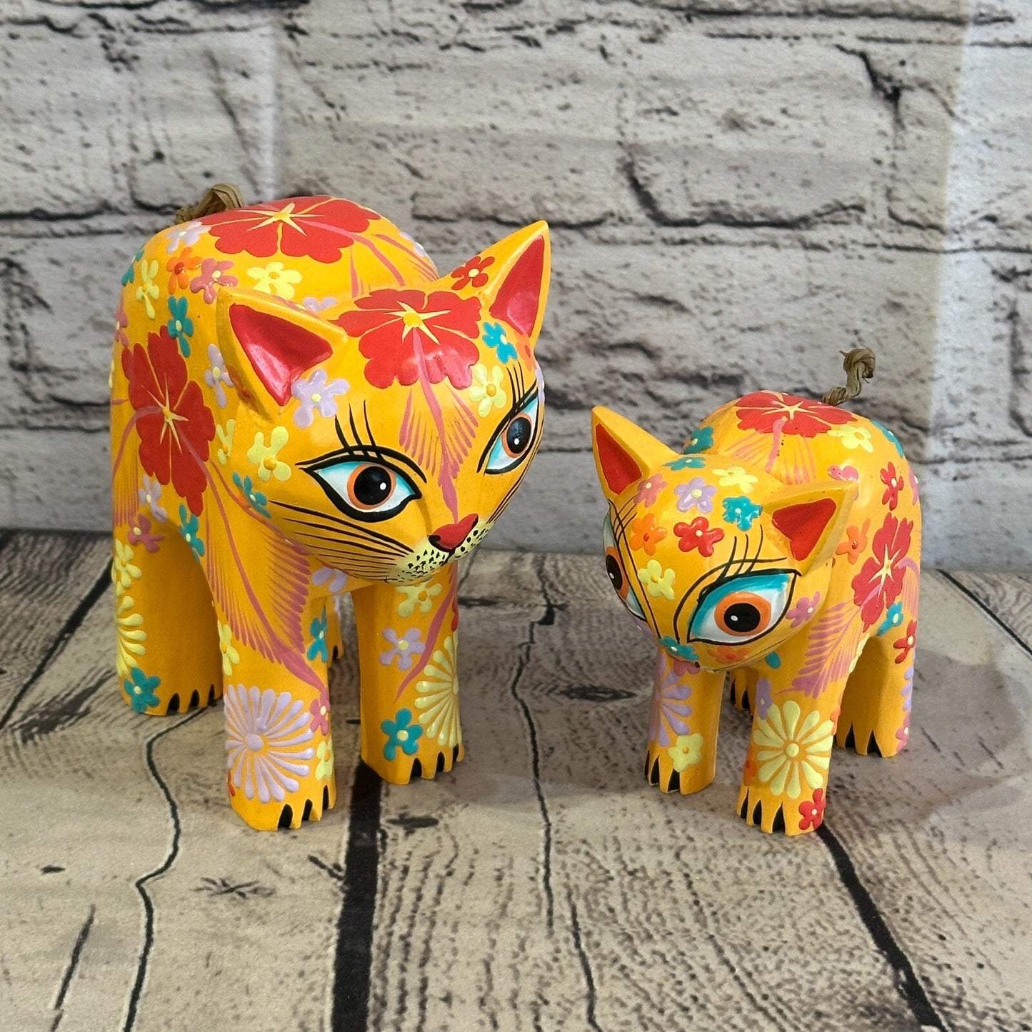 Orange Large Wooden Cat With Flower Pattern 15cm x 10cm Handmade and Fairtrade