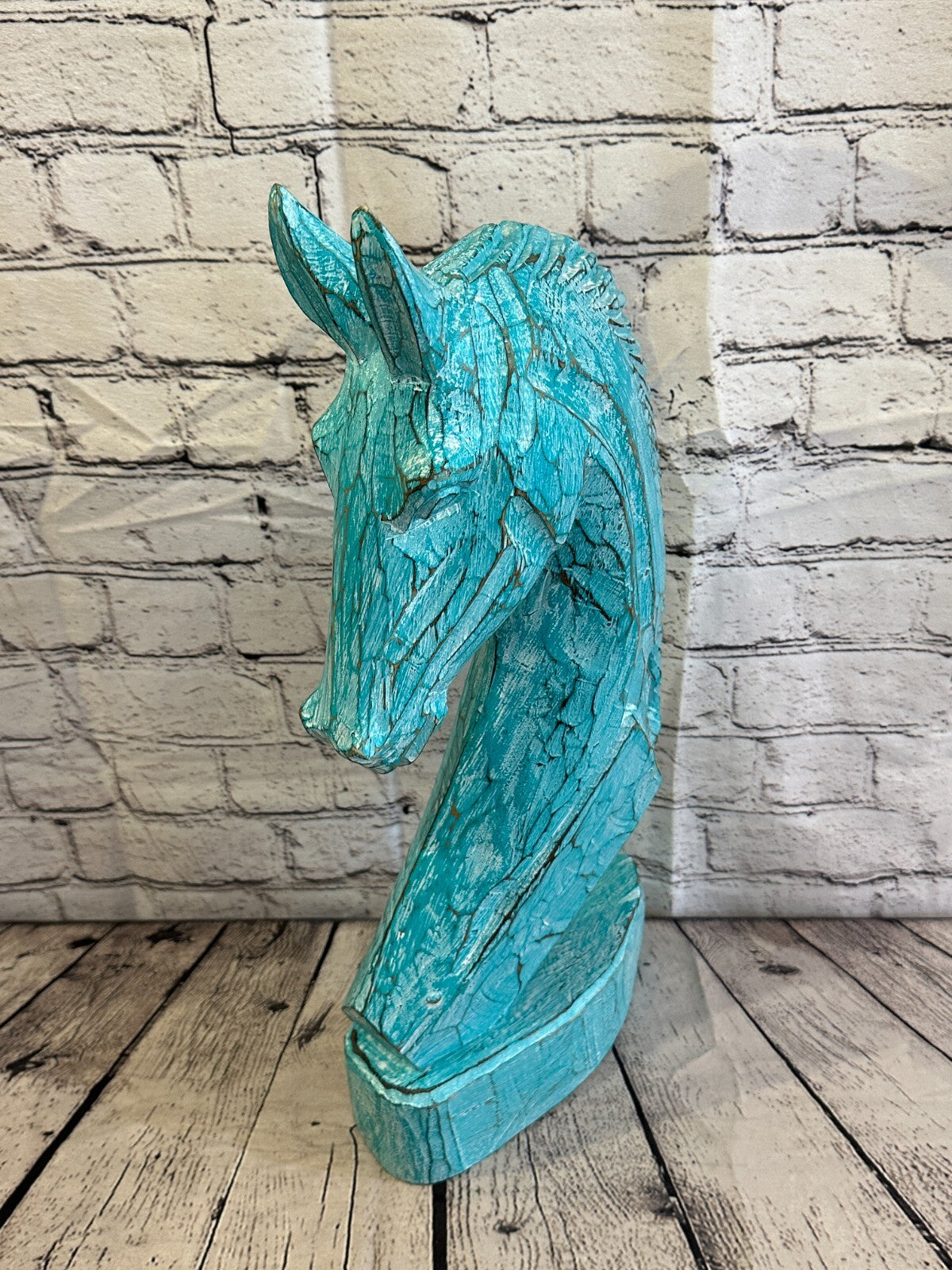 Green Wooden 50cm x 25cm Horse Head Bust Hand Carved Wood Sculpture