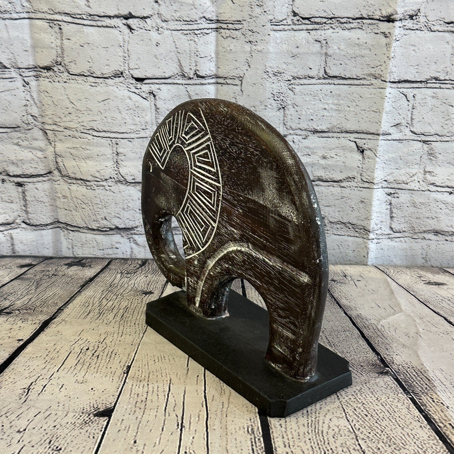 25cm x 25cm Wooden Tribal Primitive Black Elephant Round Stand Sculpture Statue