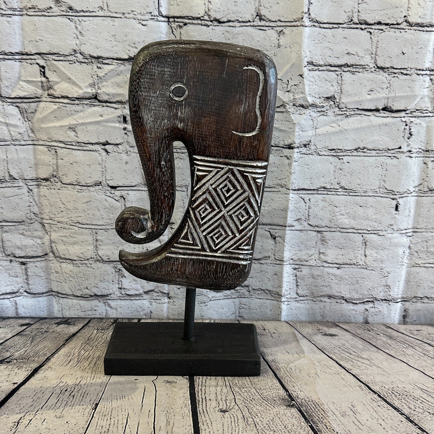 40cm x 20cm Wooden Tribal Primitive Black Elephant Head Stand Sculpture Statue