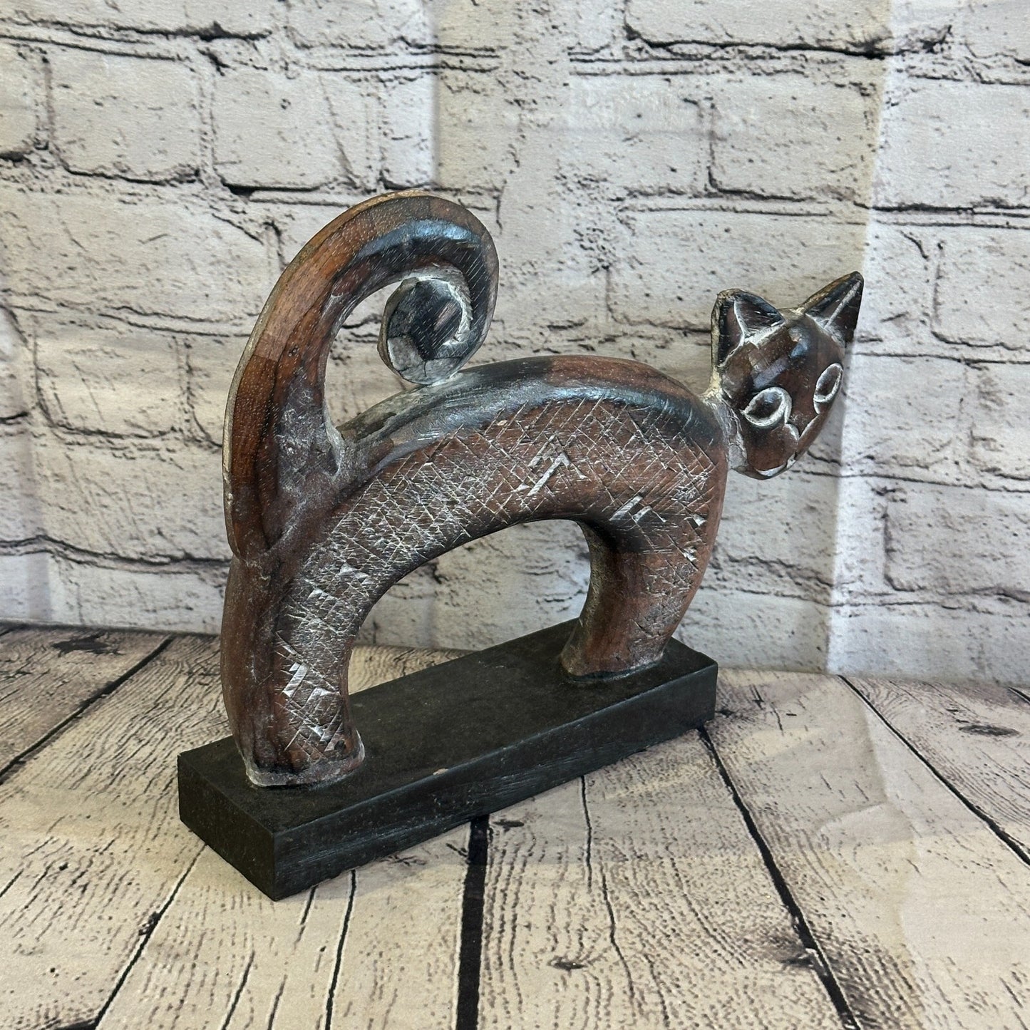 28cm x 25cm Wooden Tribal Primitive Black Cat Stand Sculpture Statue Art