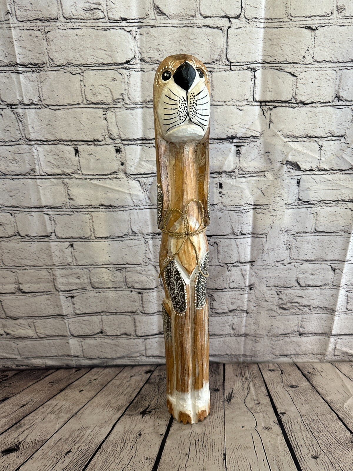 60cm Light Brown Flower Wooden Shabby Dog Statue Ornament Fair Trade Handcarved