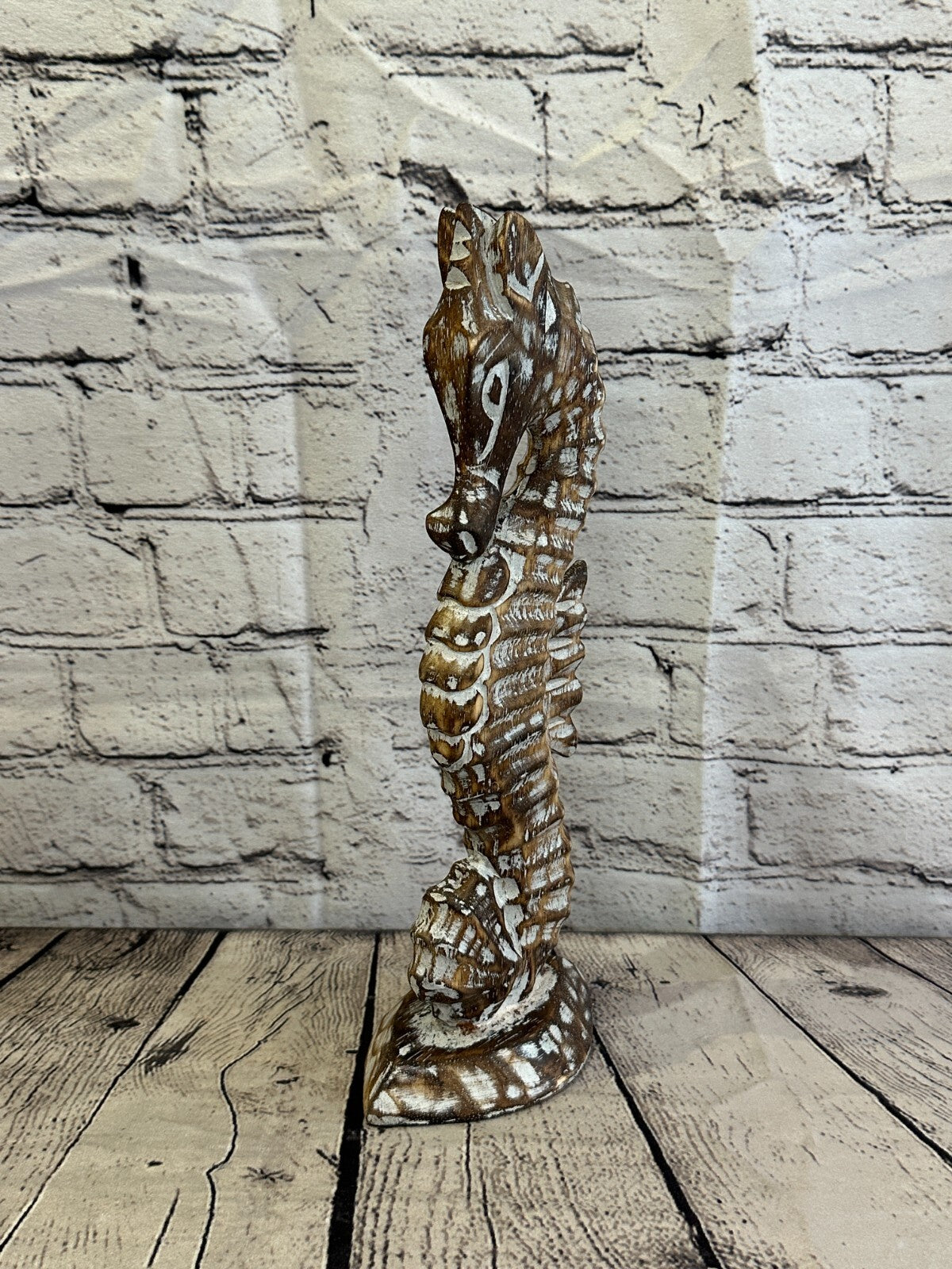 30cm Brown Plain Wooden Shabby Seahorse Statue Ornament Fair Trade Handcarved