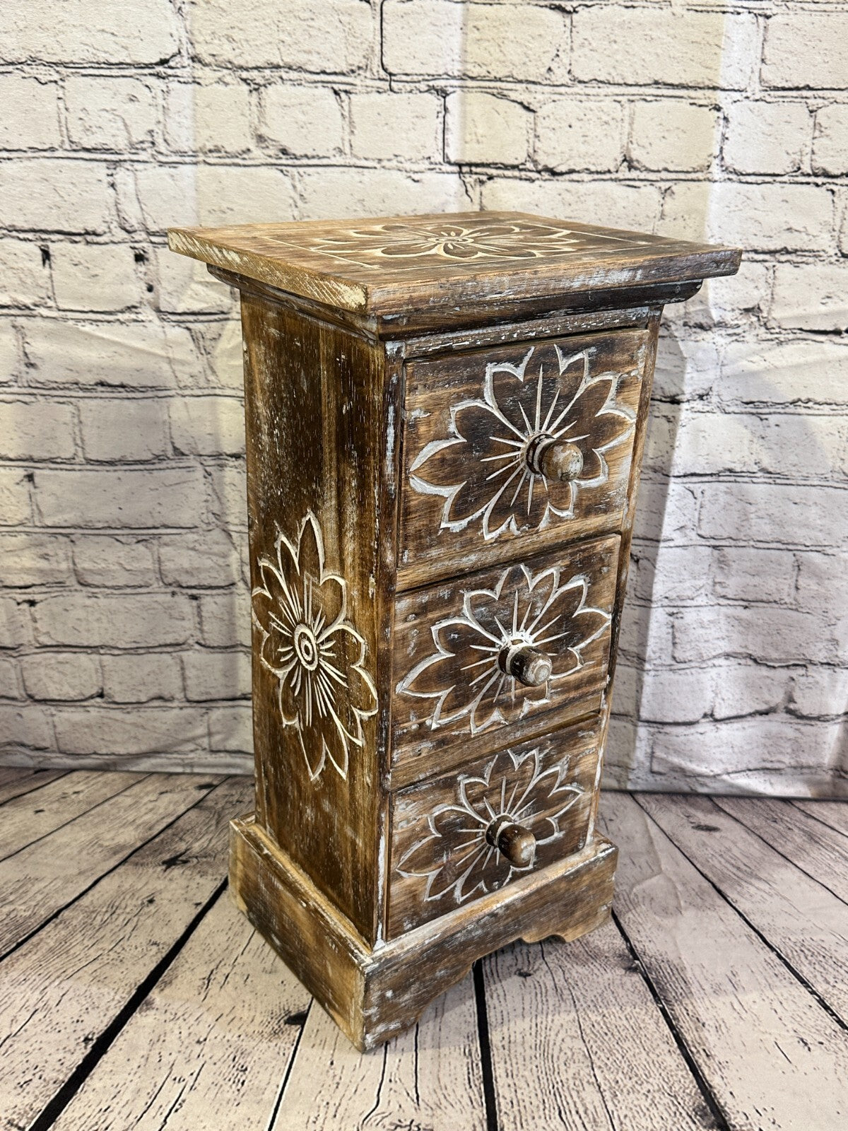 60cm x 25cm Brown 3 Draw Wooden Side Cabinet Living Hallway Storage Furniture