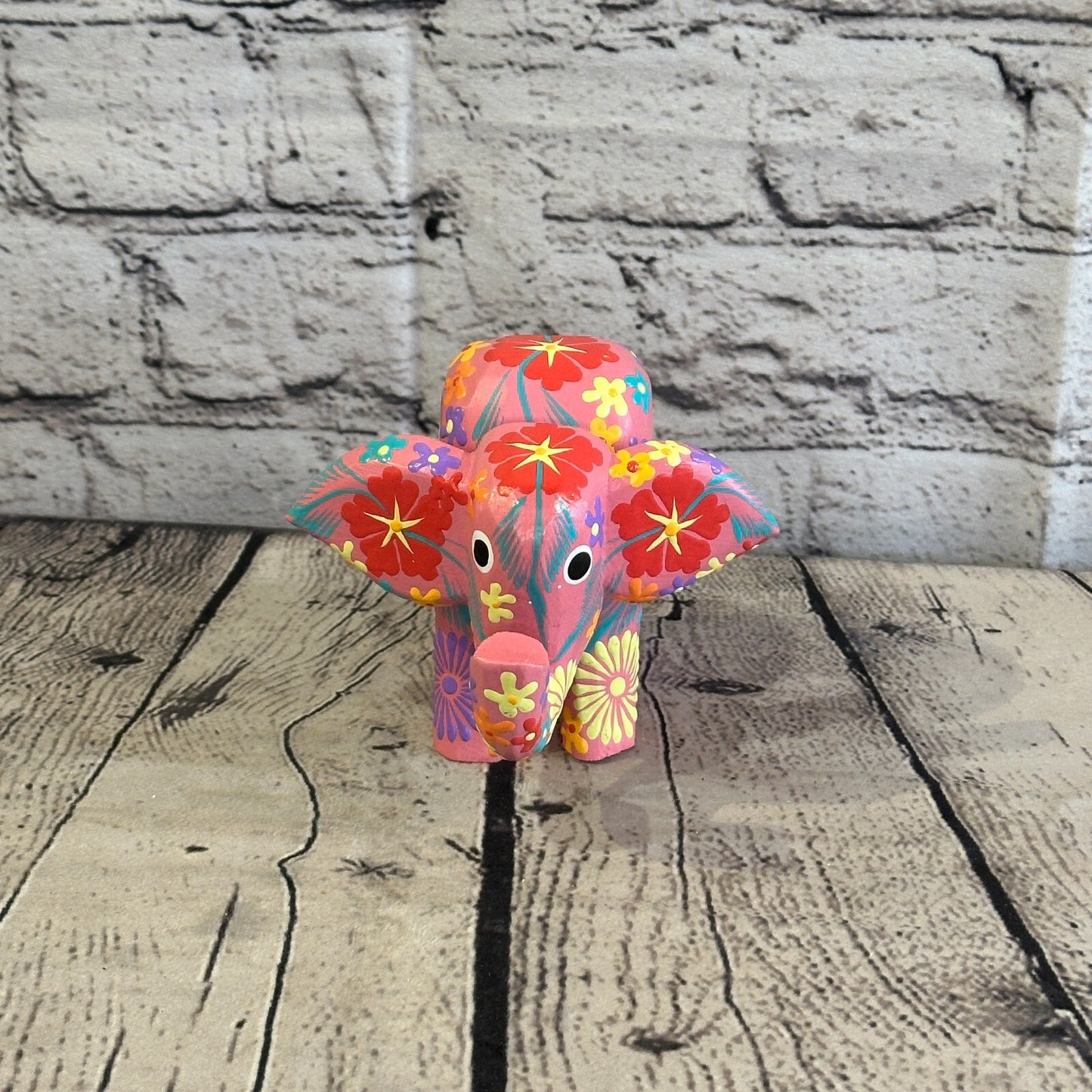 Pink Wooden Elephant With Flower Pattern 10cm x 12cm Handmade and Fairtrade