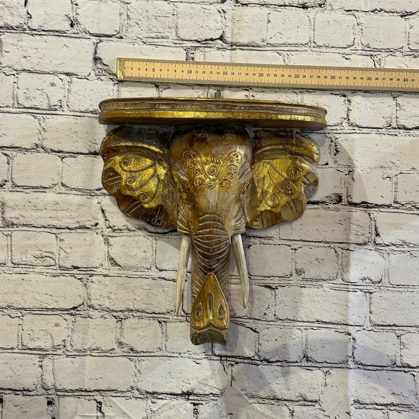 30cm x 30cm Brown Gold Shelf Wood Elephant Head Wall Mounted Art Large Shabby