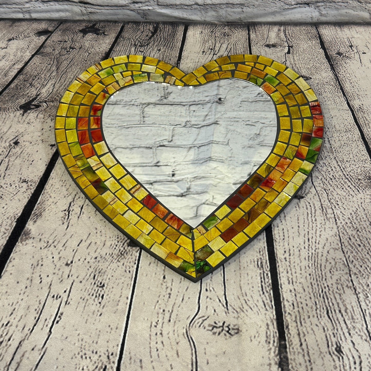 Yellow Heart Shape Mosaic Tile Wall Mirror 28cm x 25cm 10 Inches Handmade New