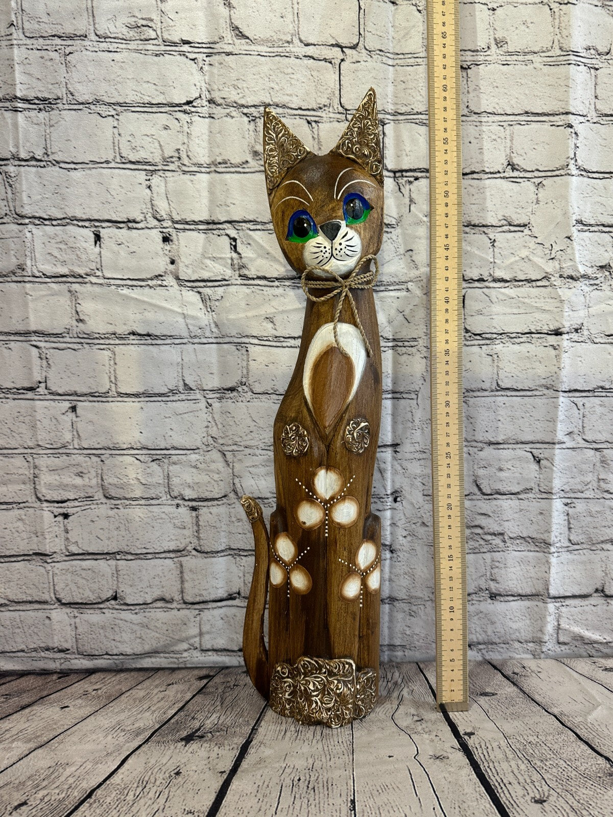 60cm Brown Swirl Flower Wooden Shabby Cat Statue Ornament Fair Trade Handcarved