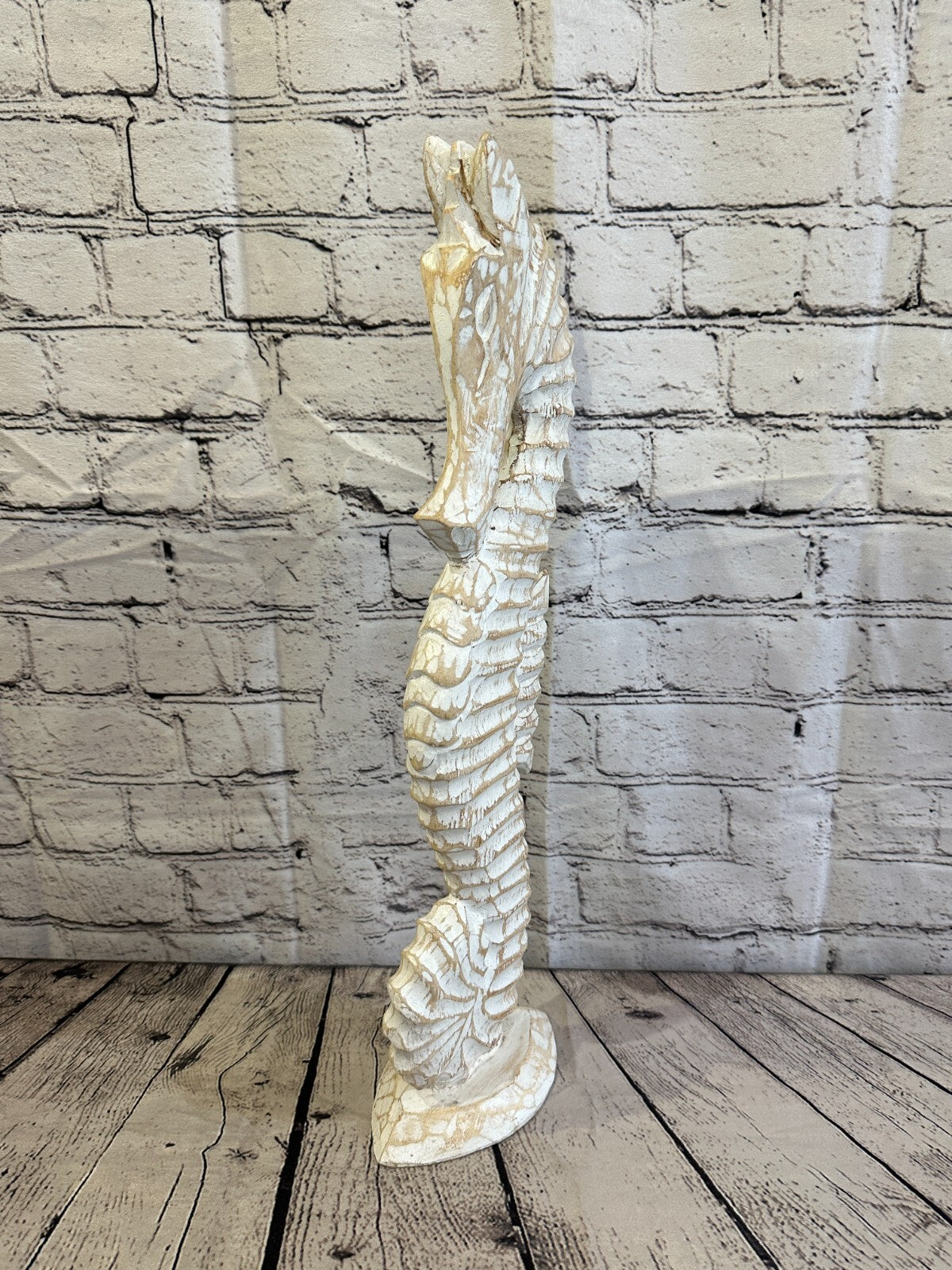 50cm White Plain Wooden Shabby Seahorse Statue Ornament Fair Trade Handcarved