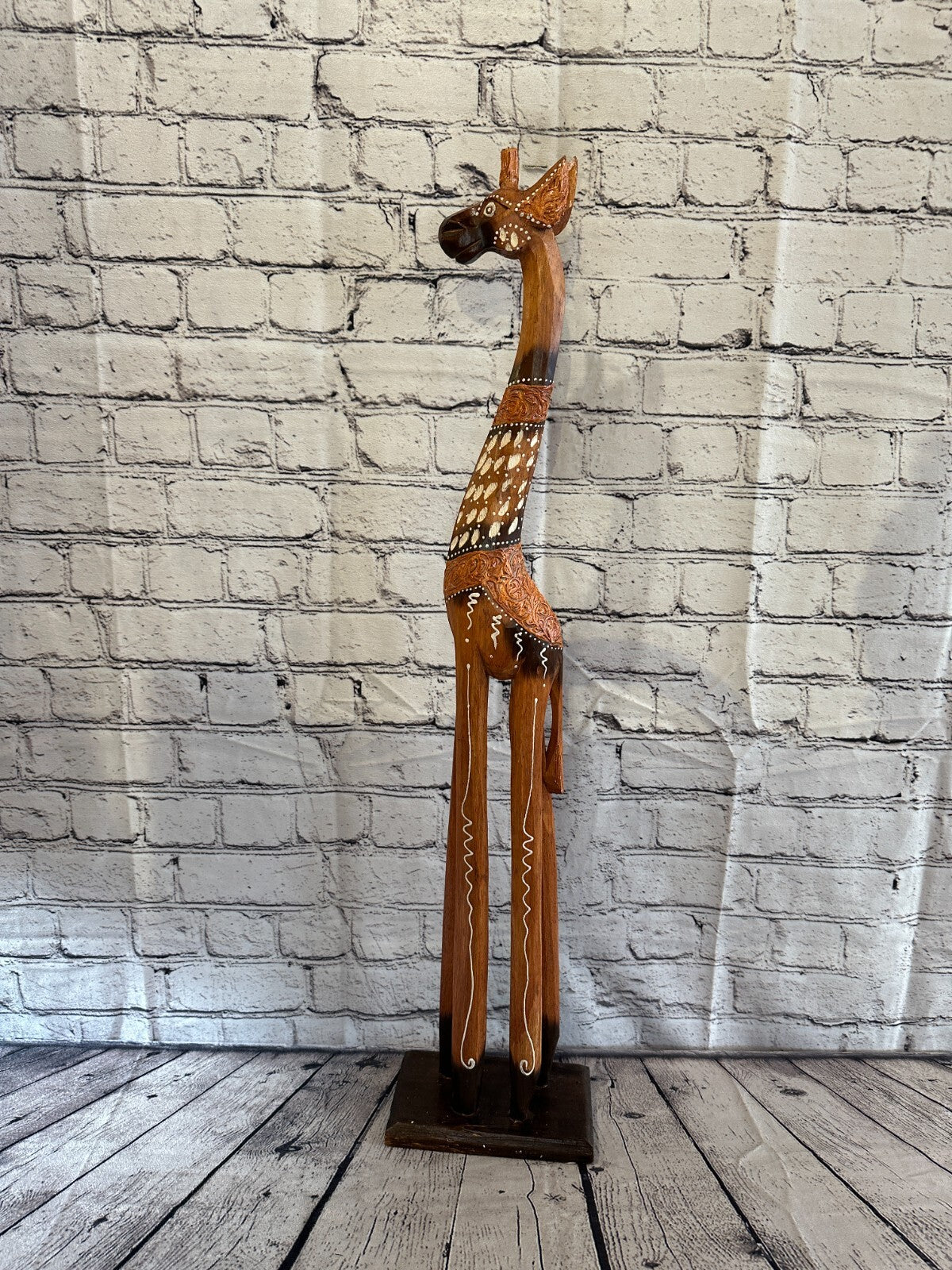 80cm Brown Painted Wood Giraffe Tall Statue Wood Modern Hand Carved Painted