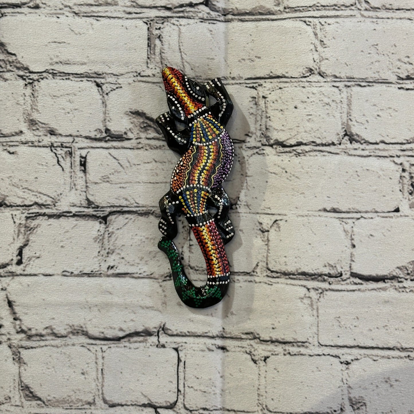 20cm Gecko Carved Wooden Dot Painted Ethnic Tribal Tiki Wall Handmade No 5