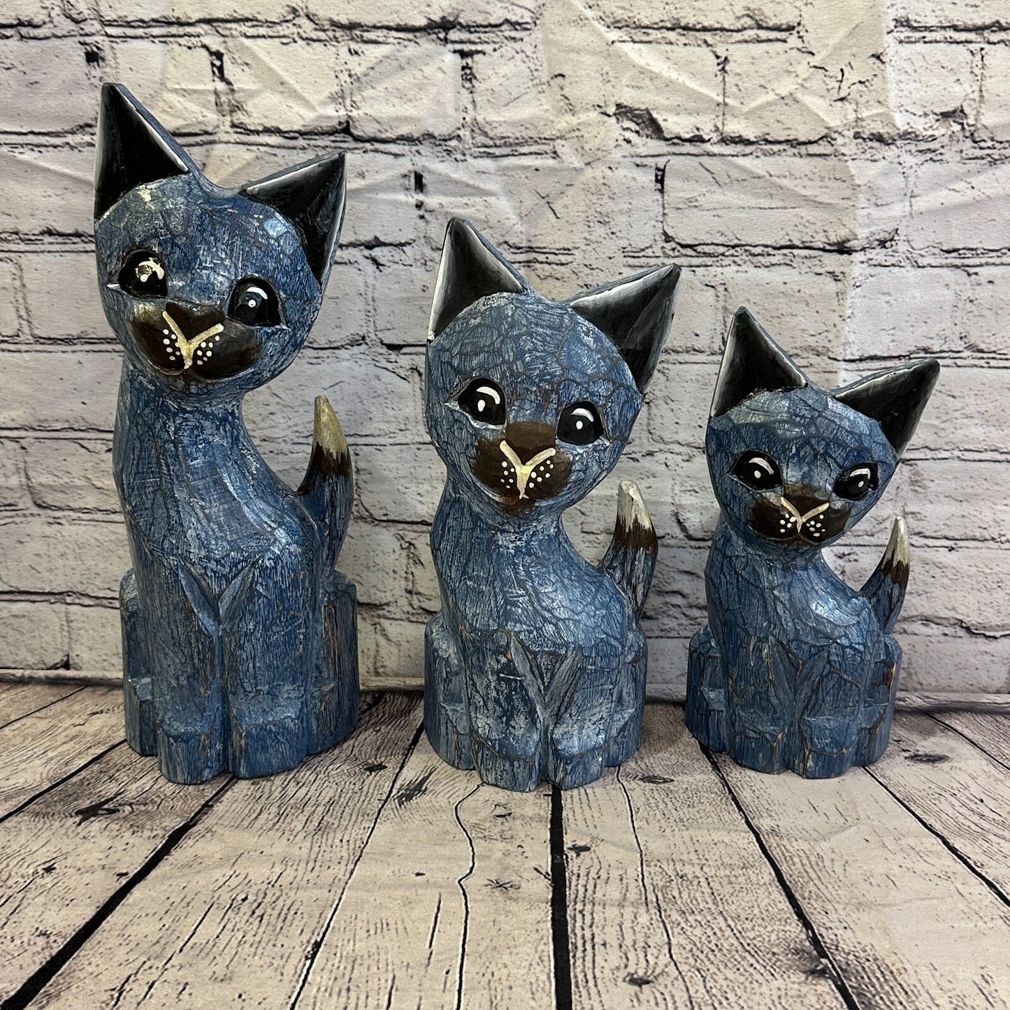30cm x 12cm Blue Flower Wooden Shabby Cat Statue Ornament Fair Trade Handcarved