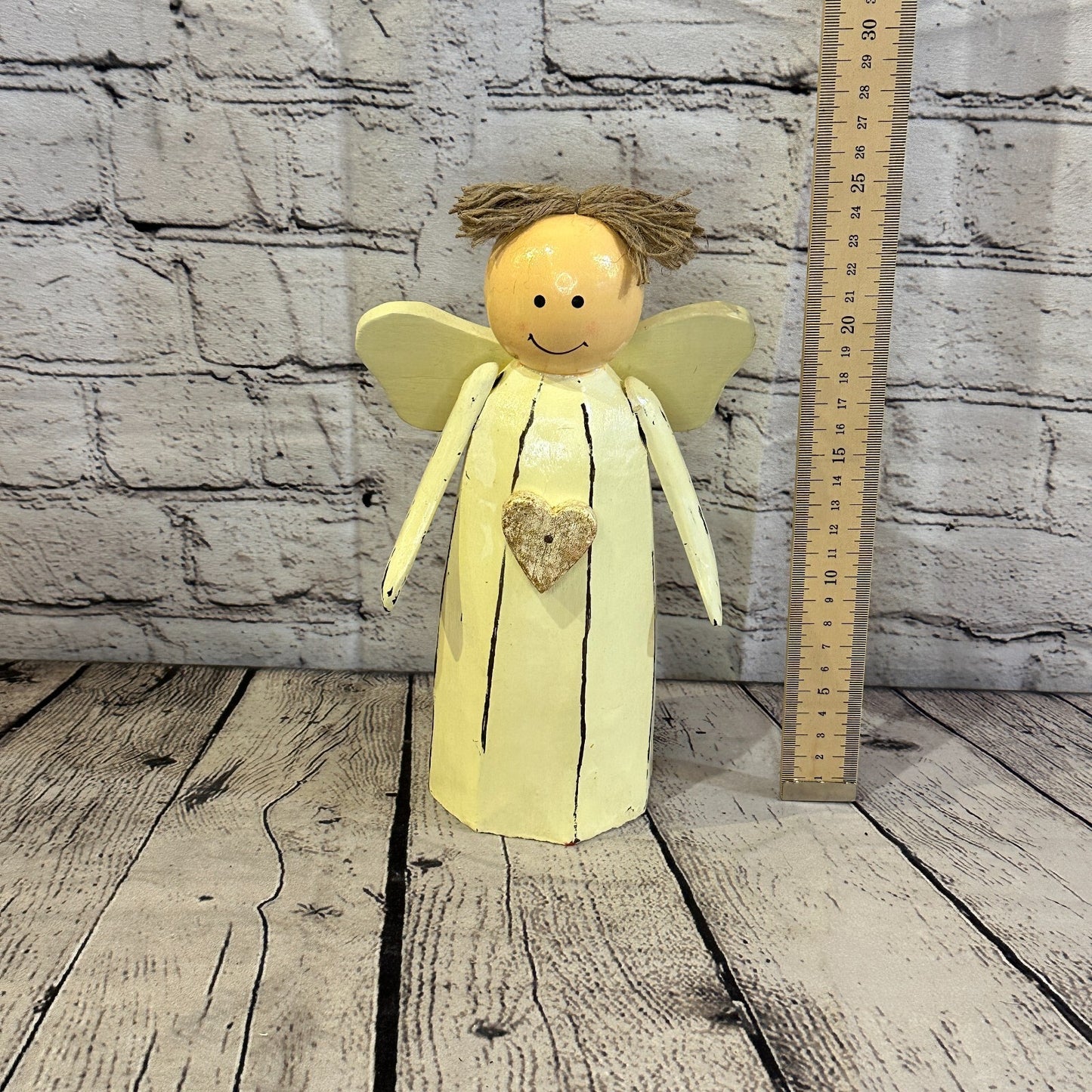 25cm x10cm White Cream Angel Gold Heart Handcrafted Wood Xmas Christmas Ornament